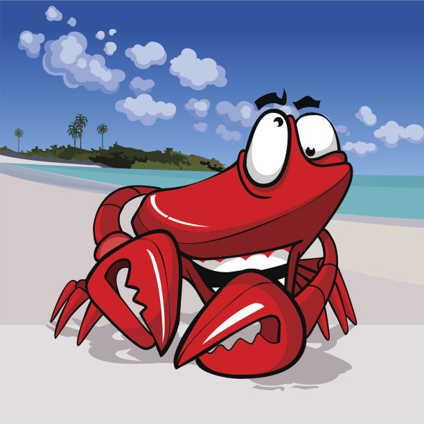 卡通有趣快乐的螃蟹在热带海岸图片下载