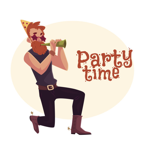 年轻人单膝站立，吹响生日号角图片下载