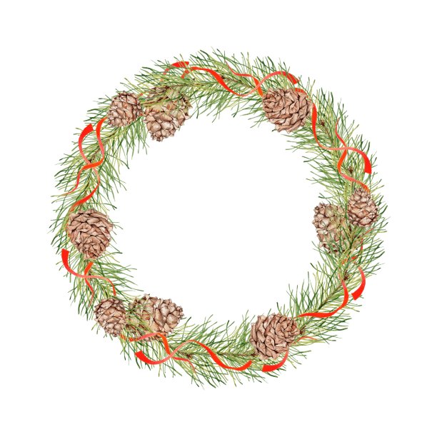 用松果、松枝和红丝带装饰的圣诞花环。图片下载