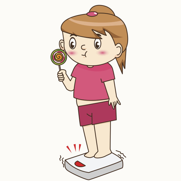 胖女孩一边吃棒棒糖，一边把脚放在地秤上图片下载