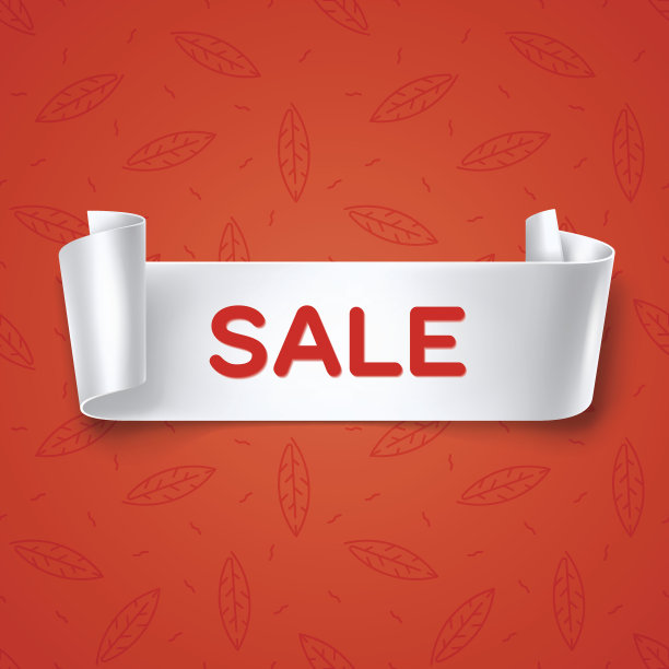 销售题词白色详细弯曲丝带上的叶子背景。图片下载