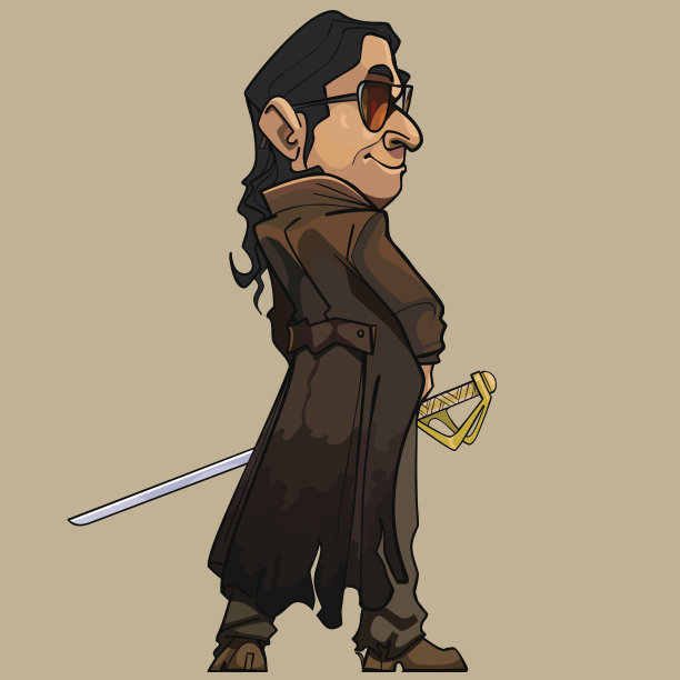 卡通的现代男人穿着长外套拿着一把剑图片下载