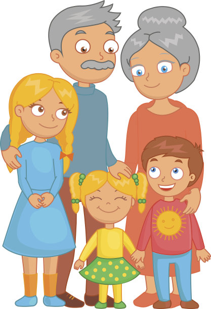 快乐的祖父母，孙子和孙女在一起摆姿势。图片下载