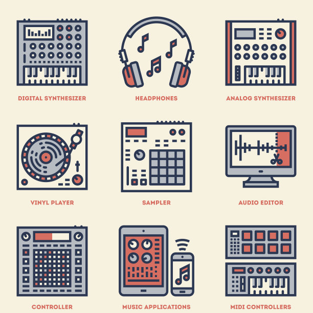 音乐创作制作人Beatmaker套装。线条设计复古图标套装图片下载