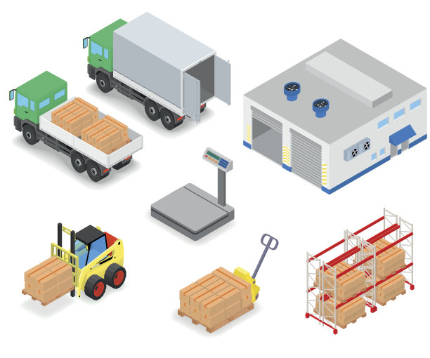 在仓库里装卸卡车。素材图片