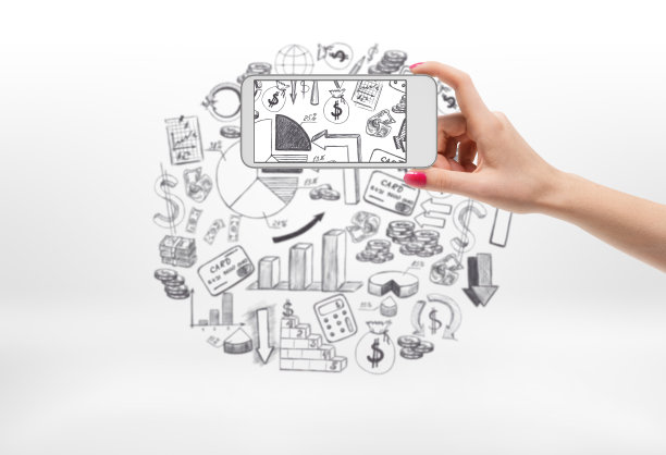 女性手用手机拍摄金融图标的照片拼贴图片下载