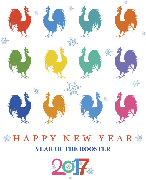 五彩缤纷的卡通公鸡。2017.图片下载