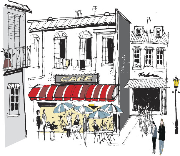 古老的法国咖啡馆向量插图与古雅的建筑。图片下载