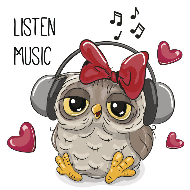 可爱的卡通猫头鹰女孩戴着耳机图片下载