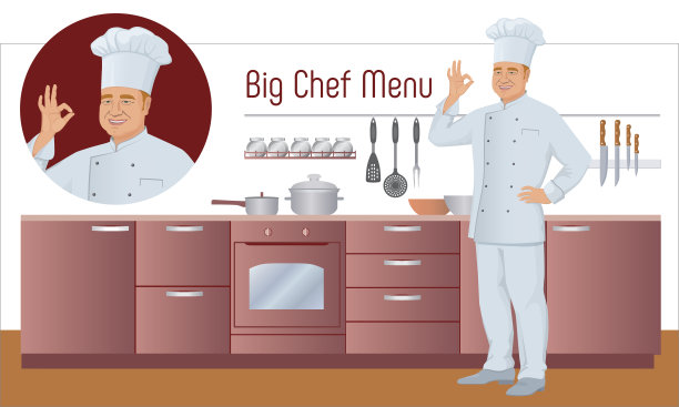 向量菜单设置。厨师展示手势美味，厨房背景。素材图片