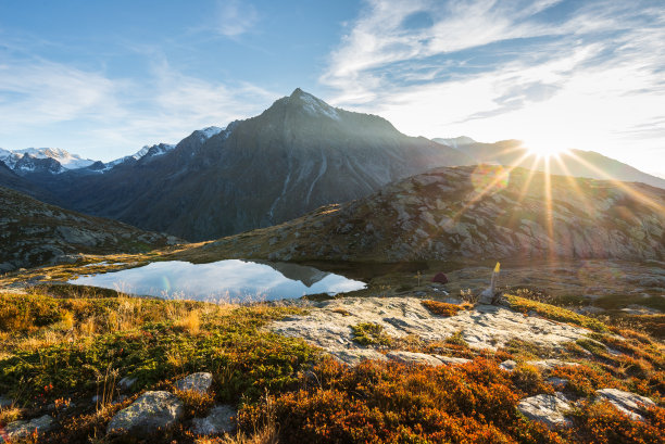 高海拔高山湖泊和山顶日落图片下载