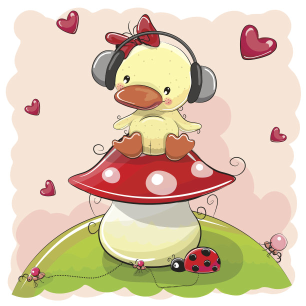 可爱的卡通鸭女孩戴着耳机图片下载