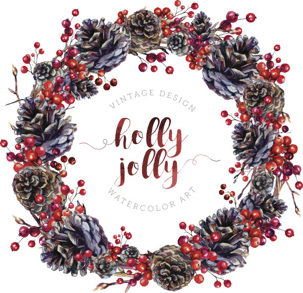 用松果和浆果做成的水彩花环。素材图片