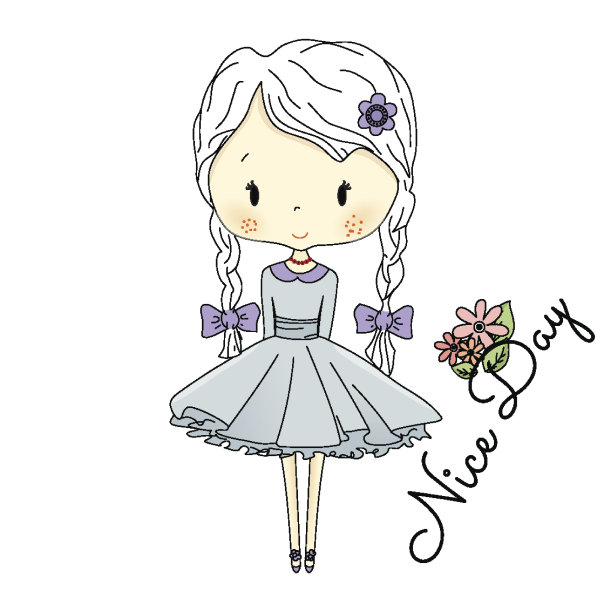 紫色蝴蝶结的小女孩娃娃。矢量精灵尾巴插图图片下载