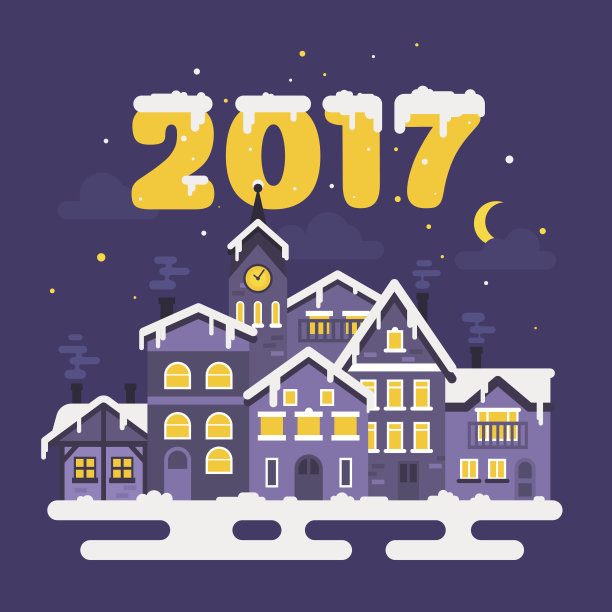 矢量平面风格的圣诞冬夜城市插图。图片下载