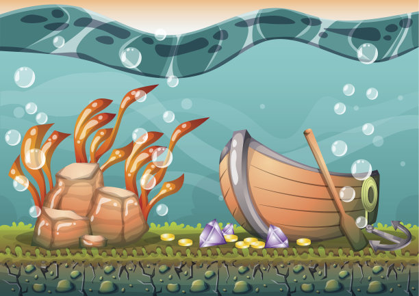 卡通矢量水下宝藏背景与分离层素材图片