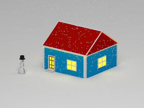 雪人在下雪的天气是靠近蓝色的房子图片下载
