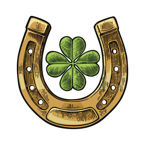 祝你好运，四叶草和马蹄铁。古董向量雕刻图片下载
