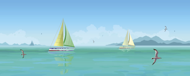 帆船和海鸥飞过蓝色的海洋。图片下载