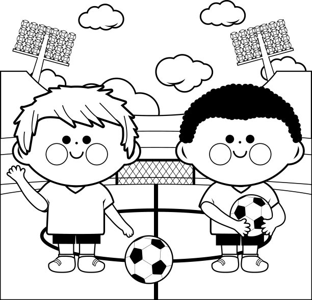 儿童足球运动员在一个体育场着色页图片下载