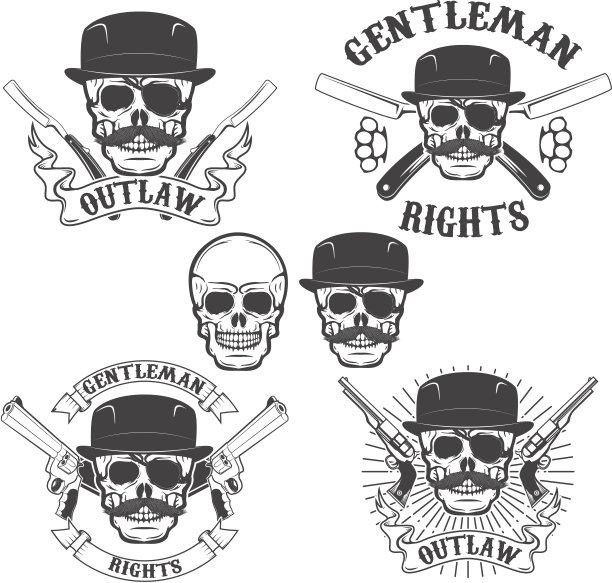 一组匪徒头骨孤立在白色背景。设计图片下载