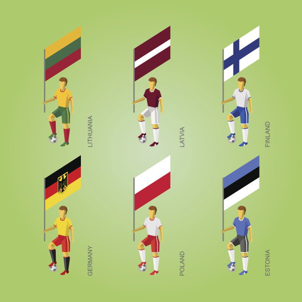 足球运动员的旗帜:德国，拉脱维亚，爱沙尼亚，立陶宛，芬兰，波兰图片下载