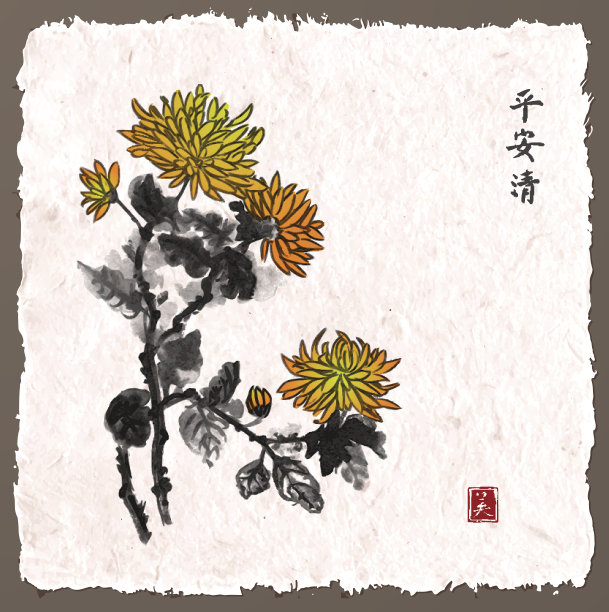 菊花在vintage背景上。传统东方水墨画素材图片