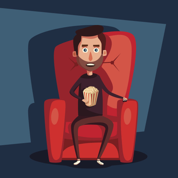 电影之夜。家里看电影。卡通矢量图图片下载