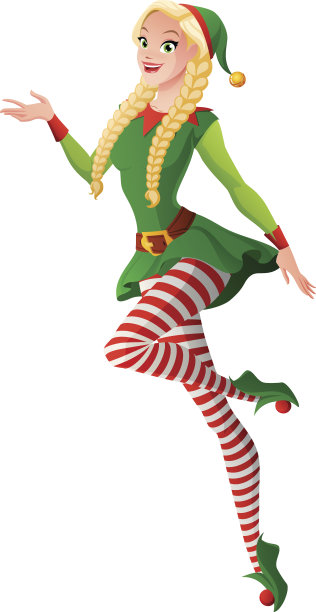 漂亮的女孩在绿色圣诞精灵服装呈现和飞行。图片下载