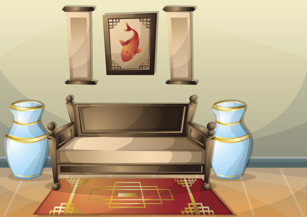 卡通矢量插图室内中式房间与分隔层图片下载