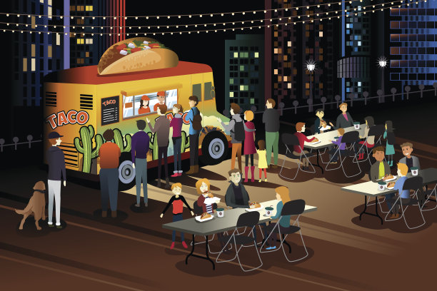 晚上在墨西哥卷餐车吃墨西哥卷的人们图片下载