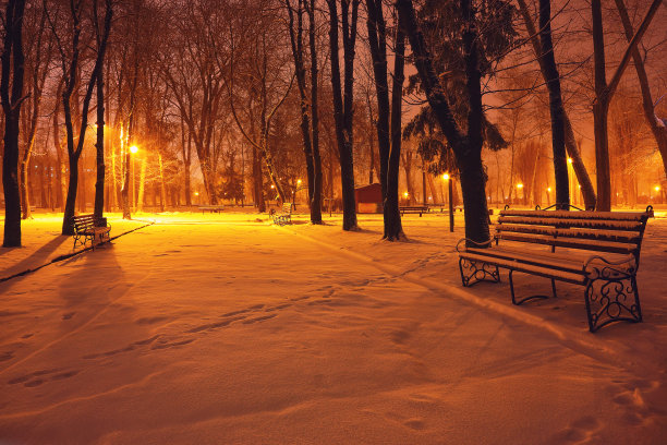 冬季公园的长椅在晚上被雪覆盖。图片下载