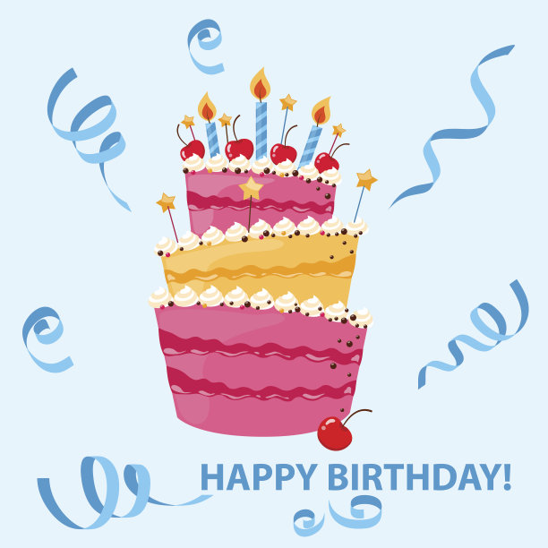五彩甜蜜的蛋糕，带着生日快乐的丝带。图片下载