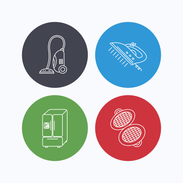 真空吸尘器，蒸汽熨烫和华夫饼铁图标。图片下载