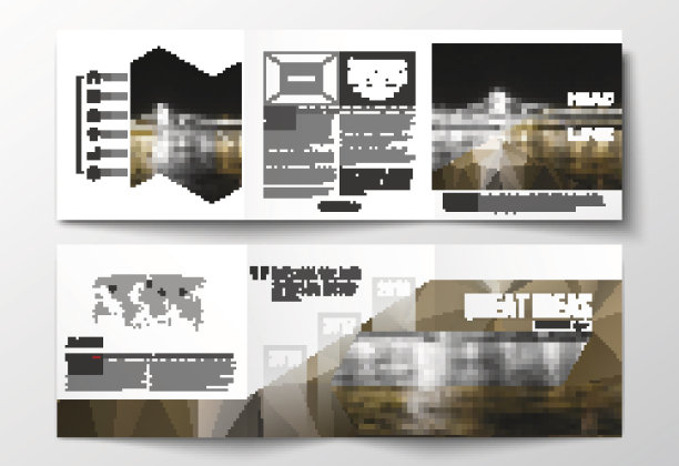 一套三折宣传册，方形设计模板。色彩斑斓的多边形图片下载