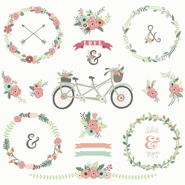 复古花卉自行车元素-插图图片下载