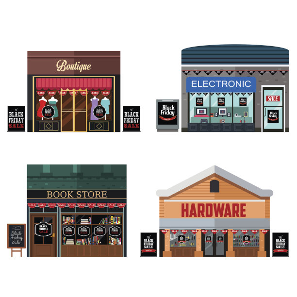 有黑色星期五打折标志的不同商店图片下载