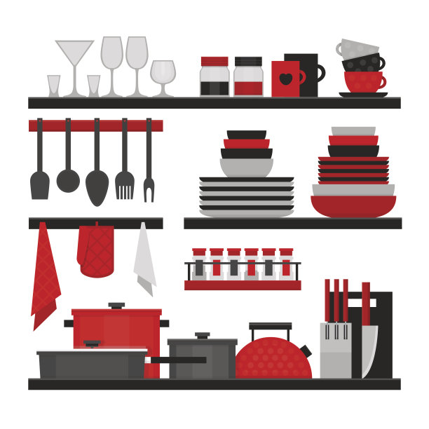 厨房架子和炊具。平面风格，矢量插图图片下载