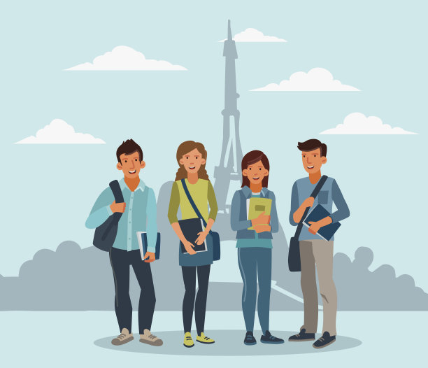 巴黎，一群带着笔记本微笑的学生站在那里图片下载