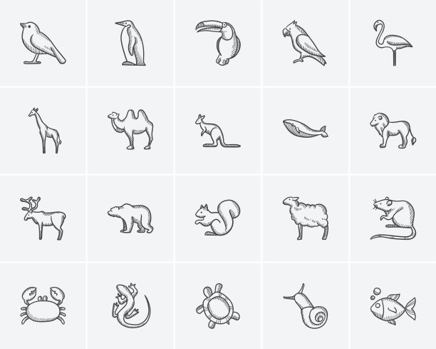 动物素描图标设置。图片下载