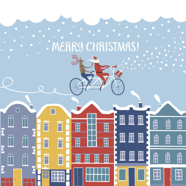 圣诞老人和鹿骑自行车在城市上空图片下载