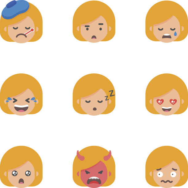 一套表情符号，贴纸。女性角色图片下载