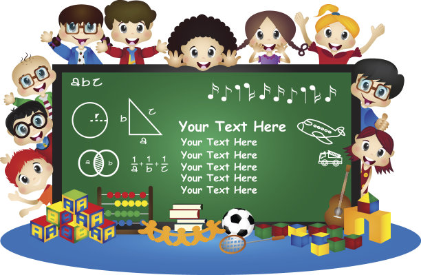 快乐的卡通孩子们在学校的黑板后面图片下载