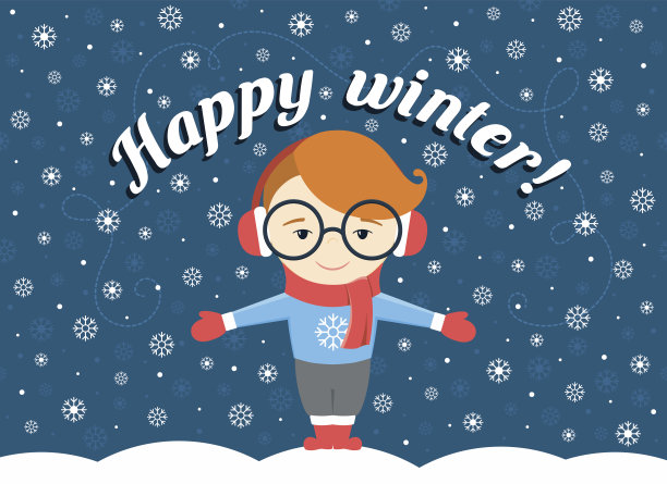 矢量插图下的男孩站在飞行雪花图片下载