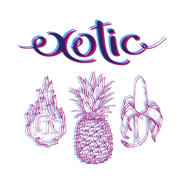 异国瓜果蔬菜题字。Dragonfrut,菠萝,香蕉。图片下载