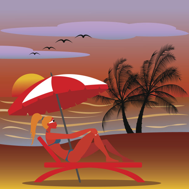 在异国情调的目的地矢量插图中，坐在沙滩椅上的女孩图片下载