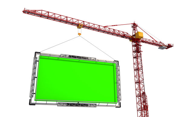 起重机举起了广告牌。孤立在白色背景上。三维渲染图片下载