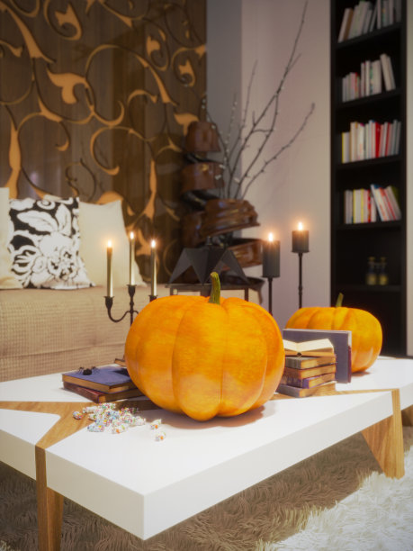 室内设计客厅为万圣节装饰渲染图片下载