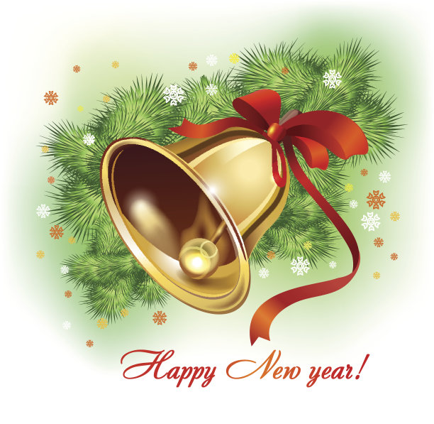 金色的铃铛和红色的丝带挂在绿色的松枝上。图片下载