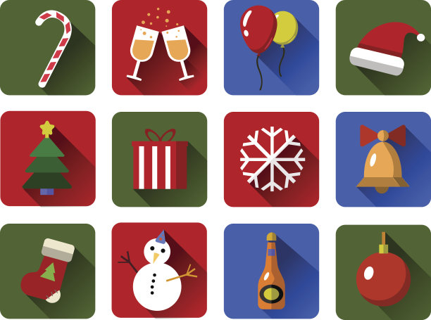 一组圣诞矢量图标。平坦，阴影长。图片下载
